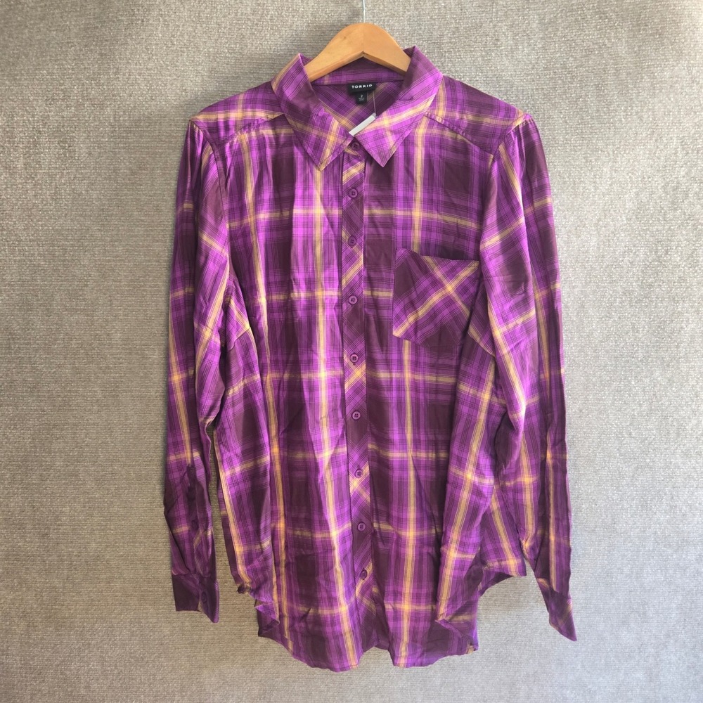 Torrid Purple‎ Plaid Rayon Twill Button Front Shirt Size 2 18-20 New With Tags